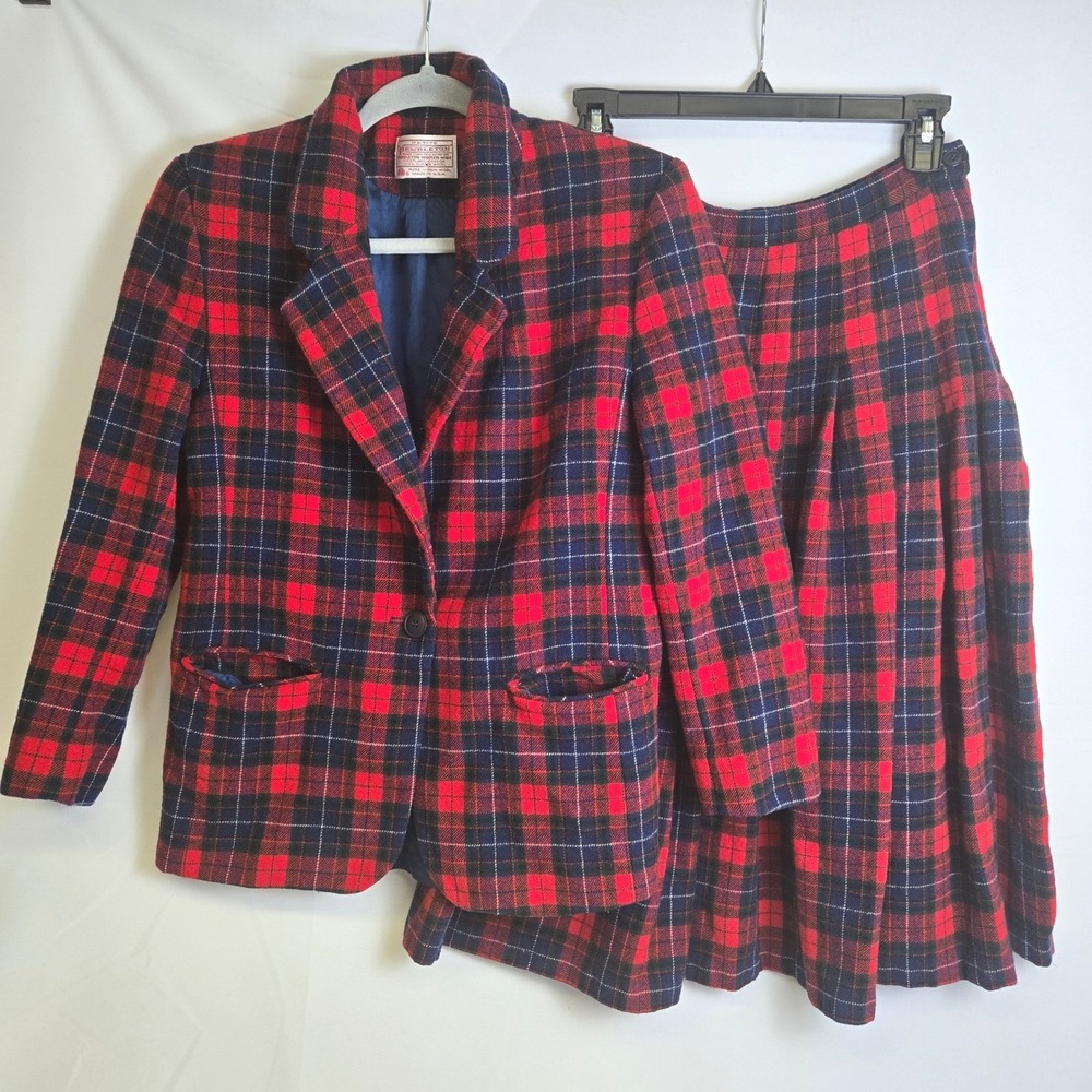 Pendleton 100% Virgin Wool Manson Tartan Blazer & Skirt Set Red Blue Vtg 8P READ
